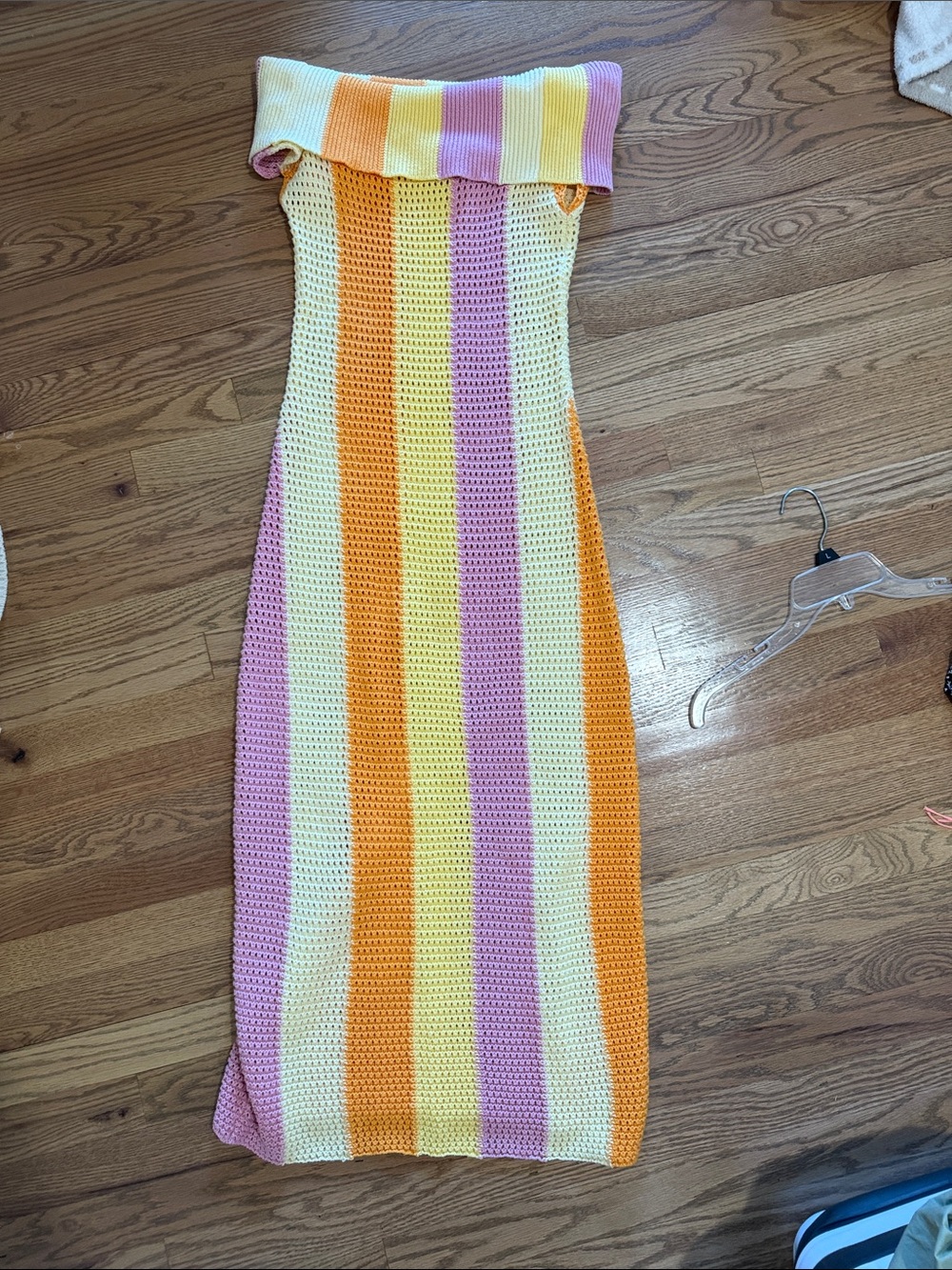 Endless Rose Off-Shoulder Knit Maxi Dress in Yellow, Pink & Orange